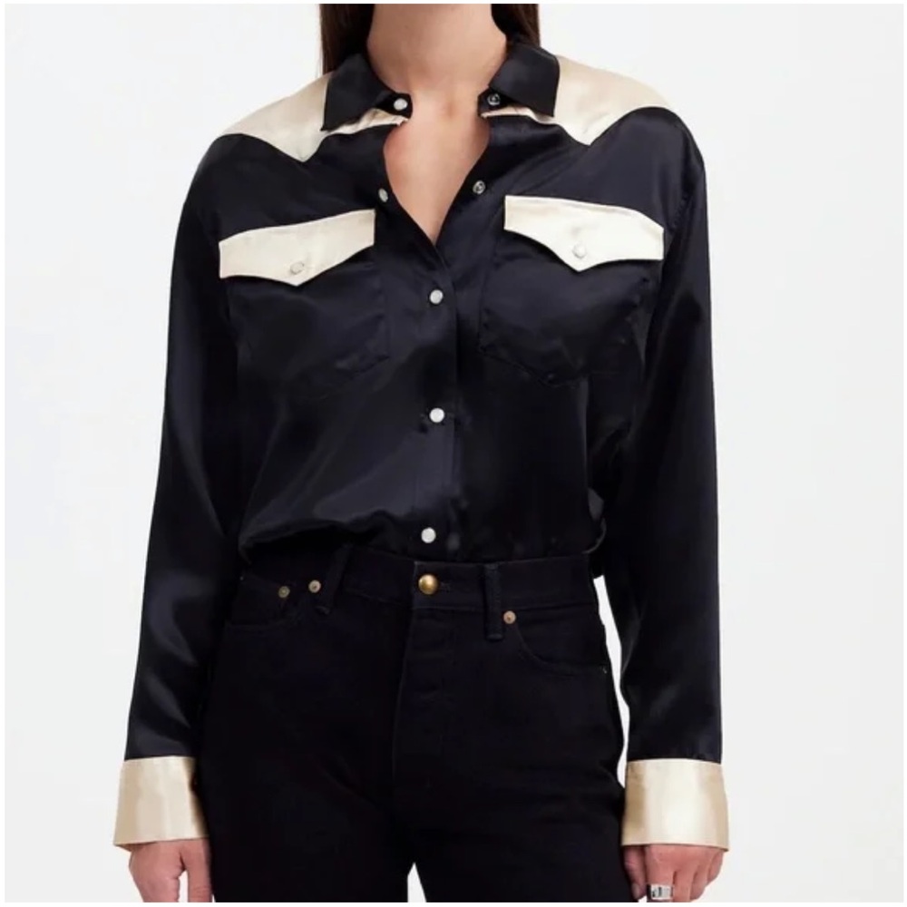 NWT Alexa Chung for Madewell Satin Black and Cream Women's Western Shirt Size XS